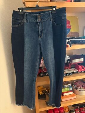 CAbi Two-Tone Dark and Mid Blue Cropped Jeans